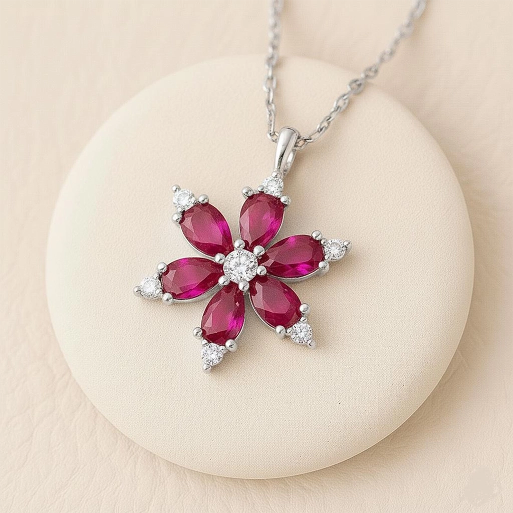 PP005S Ruby Flower Pendant with White sapphire